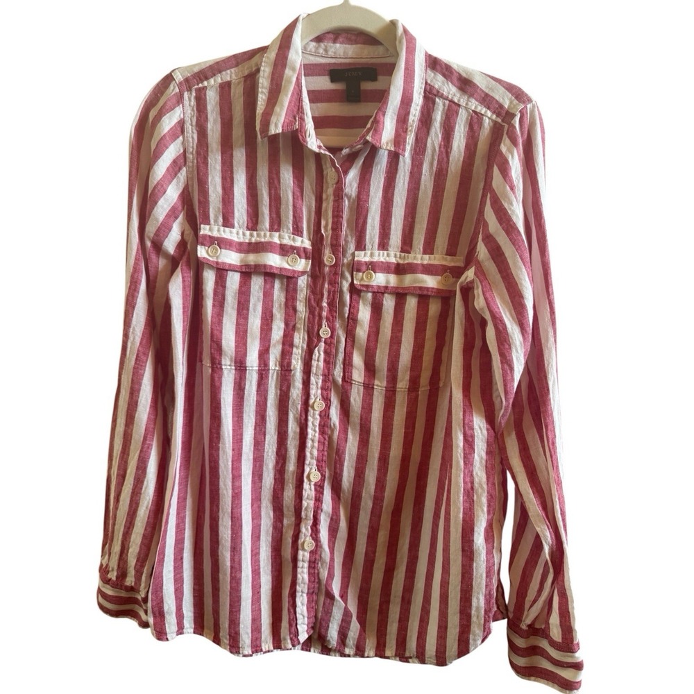 J. Crew Linen Red White Striped Woman's Size 6 Long Sleeve Shirt Nautical Pocket